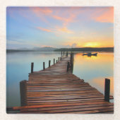 木造波止場シースケープカラフルインサンセット ガラスコースター (正面)