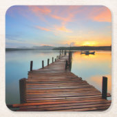 木造波止場シースケープカラフルインサンセット スクエアペーパーコースター (正面)