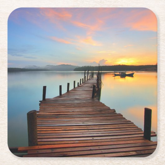 木造波止場シースケープカラフルインサンセット スクエアペーパーコースター (正面)