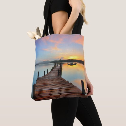 木造波止場シースケープカラフルインサンセット トートバッグ (クローズアップ)