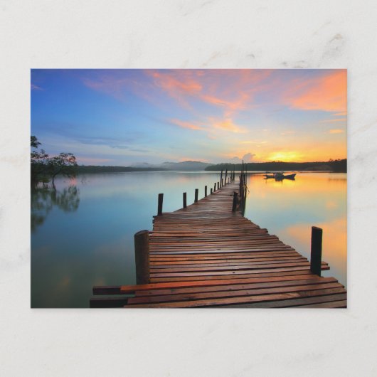 木造波止場シースケープカラフルインサンセット ポストカード (正面)