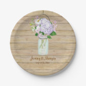 木造素朴の納屋フェンス紫陽花メイソンジャー ペーパープレート (正面)