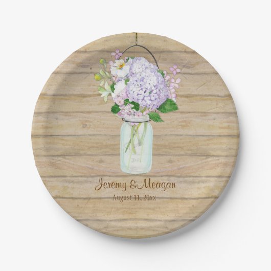 木造素朴の納屋フェンス紫陽花メイソンジャー ペーパープレート (正面)