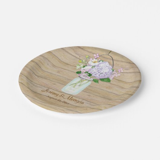 木造素朴の納屋フェンス紫陽花メイソンジャー ペーパープレート (アングル)