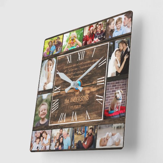 木造12家族写真コラージュローマ数字四角 スクエア壁時計 (傾斜)