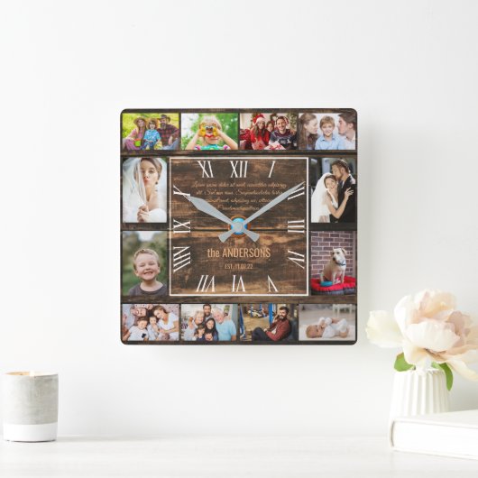 木造12家族写真コラージュローマ数字四角 スクエア壁時計 (ホーム)