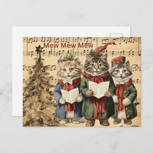 木陰で歌うヴィンテージのクリスマス猫 シーズンポストカード (正面/裏面)