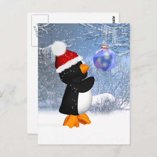 木飾り付きかわいいペンギン冬はがき ポストカード (正面/裏面)