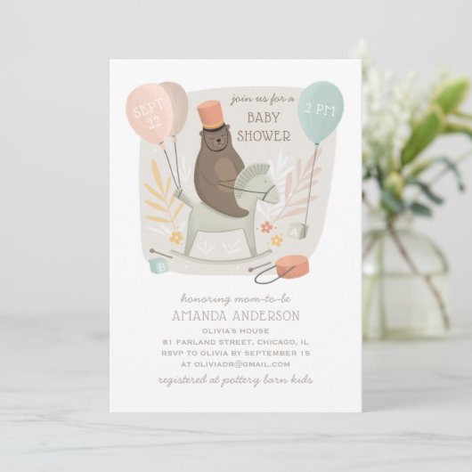 木馬でドラマーを打つ。かわいい赤ちゃんシャワー 招待状 (スタンド正面)