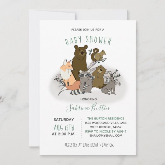 木（きみ）の赤ちゃんがかわいい森（や）の動物にシャワーを浴びる 招待状 (正面)