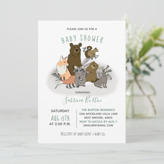 木（きみ）の赤ちゃんがかわいい森（や）の動物にシャワーを浴びる 招待状 (スタンド正面)