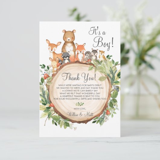 木(き素朴)地（じ）動物（どう）の赤ちゃんシャワーが男の子にまく サンキューカード (スタンド正面)