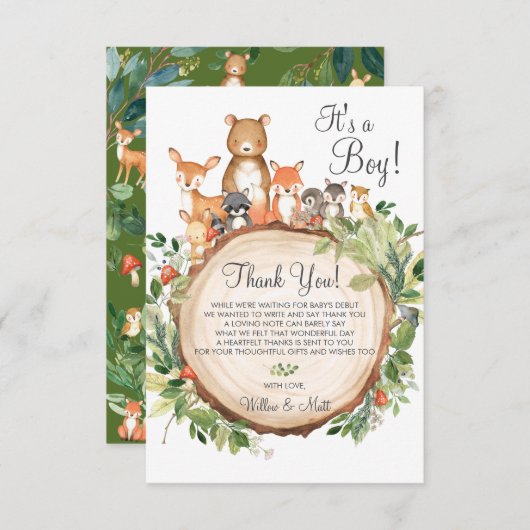 木(き素朴)地（じ）動物（どう）の赤ちゃんシャワーが男の子にまく サンキューカード (正面/裏面)