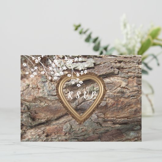 木、 カントリー調のルースト、オーダーメイドの出欠返信カード、返信 招待状 (スタンド正面)