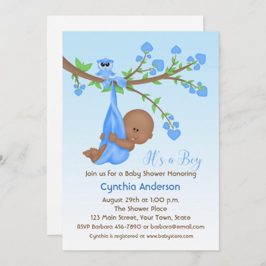 木、ベビーシャワーの肌が黒な男の赤ちゃん 招待状 (正面/裏面)