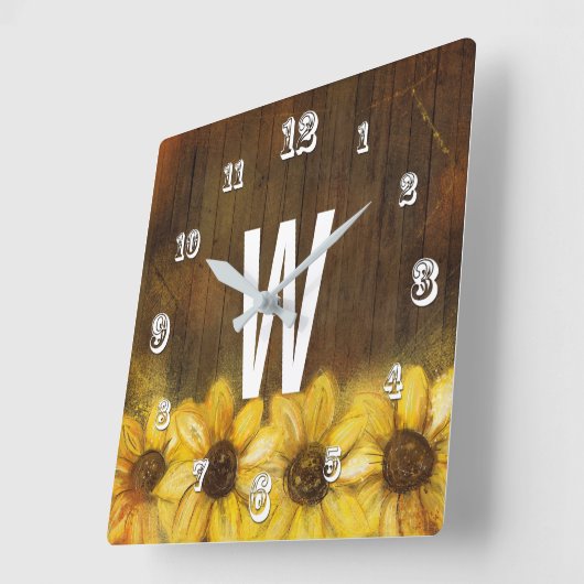 木|モノグラムで絵を描かれるヒマワリ スクエア壁時計 (傾斜)