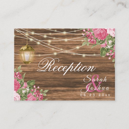 木、ランタン、ピンクのメイブの花 – 披露宴E エンクロージャーカード (正面)
