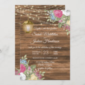 木、ランタン、美しい春の花結婚の 招待状 (正面/裏面)