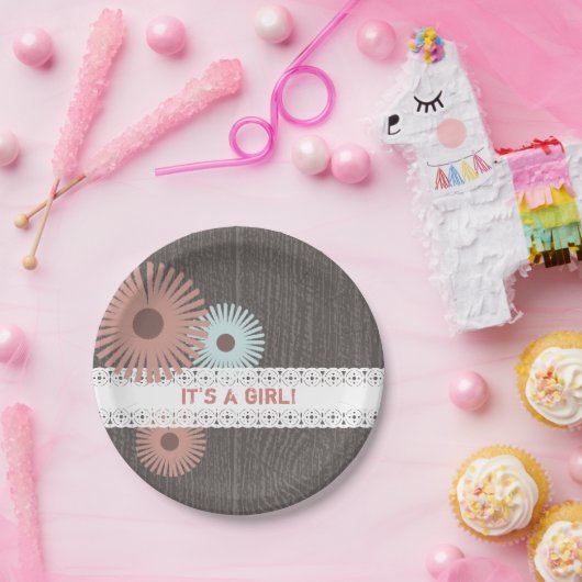 木 + レースの刺激を受けたな花のベビーシャワー ペーパープレート (パーティー)