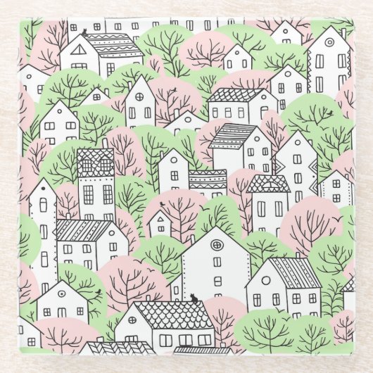 木、家、春都市景観 ガラスコースター (正面)