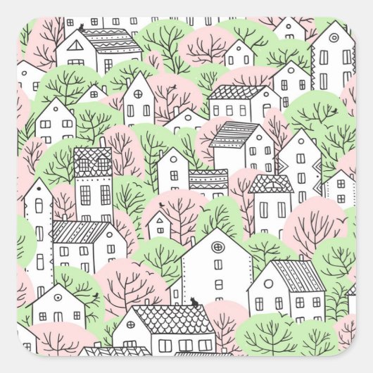 木、家、春都市景観 スクエアシール (正面)