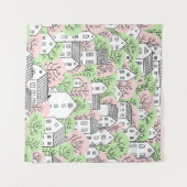 木、家、春都市景観 タペストリー (正面(横))