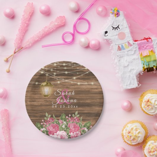 木、提灯、ピンクのメイブ花 ペーパープレート (パーティー)