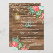 木、灯篭、ティール(緑がかった色)、珊瑚結婚花 招待状 (正面/裏面)