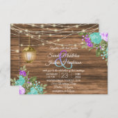 木・灯篭・ティール（緑がかった色）・紫花結婚の 招待状 (正面/裏面)