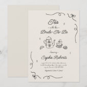 未婚の花嫁とのティーパーティー 手描きのウェディングシャワーの招待状 招待状 (正面/裏面)