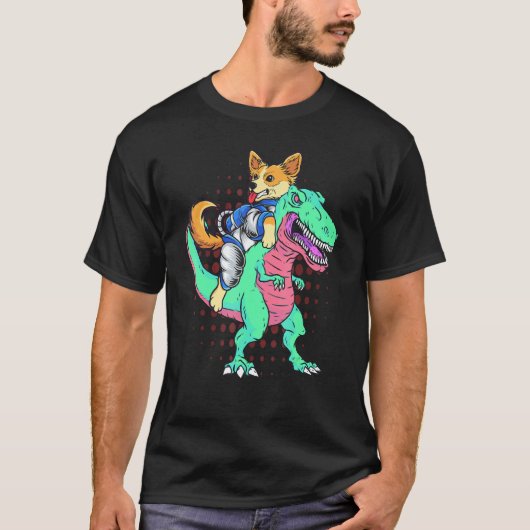 未来のコーギーがティレックスに乗る スマート犬 コーギー Tシャツ (正面)