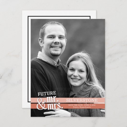 未来のミスター&ミセス・ウェディングは日付を保存 – ピーチ 案内ポストカード (正面/裏面)