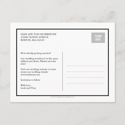 未来のミスター&ミセス・ウェディングは日付を保存 – ピーチ 案内ポストカード (裏面)