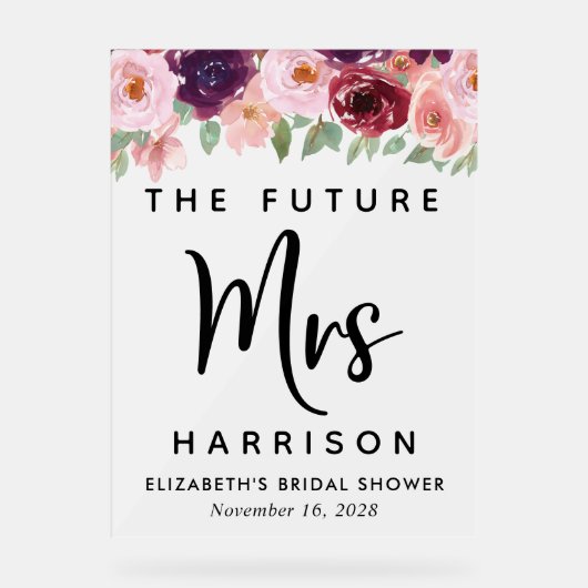 未来のミセスフローラブライダルシャワー歓迎フロステッド アクリルサイン (正面)