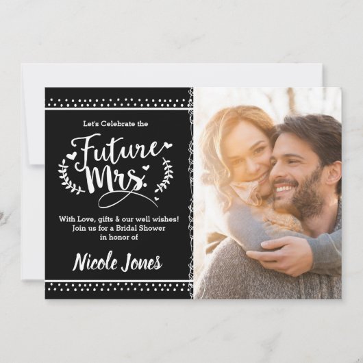 未来のミセス白黒ブライダルシャワー写真 招待状 (正面)