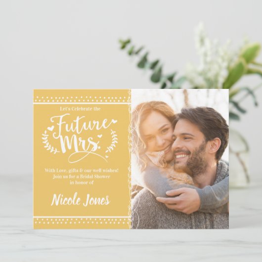 未来のミセス黄金ゴールド白ブライダルシャワー写真 招待状 (スタンド正面)