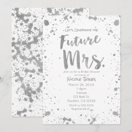 未来のミセス シルバー ホワイト ブライダル シャワー 招待状 (正面/裏面)