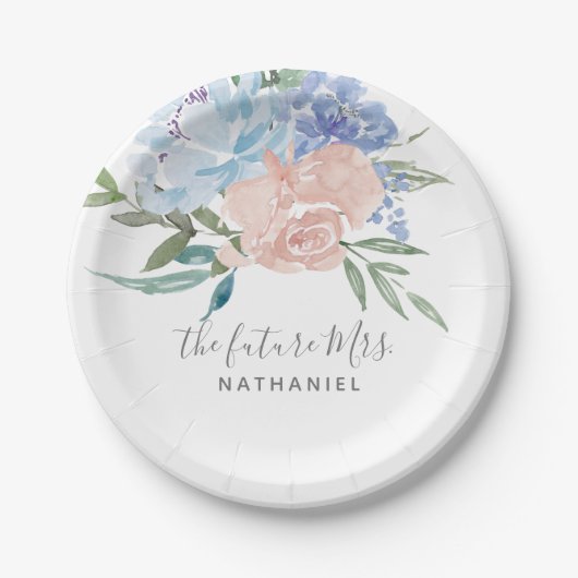 未来のミセス・ダスティー・ブルーとピンクのフローラ ペーパープレート (正面)