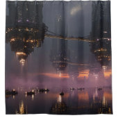 未来の塔が港の上に浮かぶ シャワーカーテン (正面)
