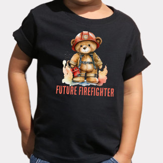 未来の消防士 水彩画 消防士 テディベア トドラーTシャツ