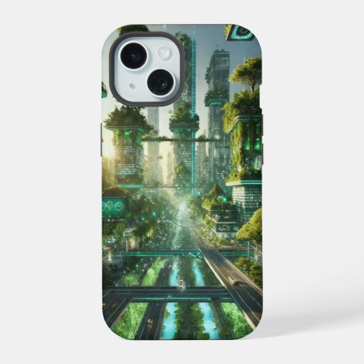 未来の緑豊かな大都市 iPhone 15ケース (裏面)