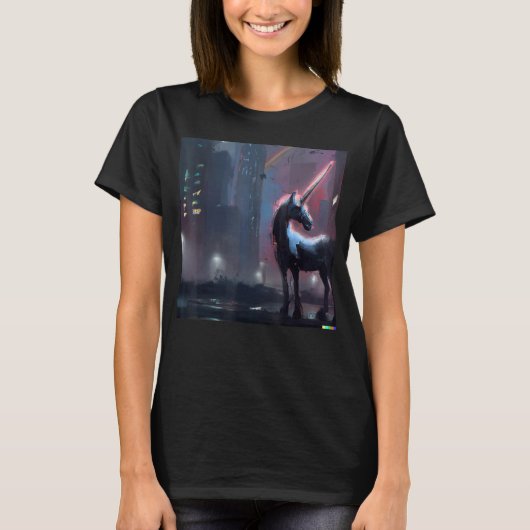 未来の虹の下のサイバーパンク・ユニコーン Tシャツ (正面)