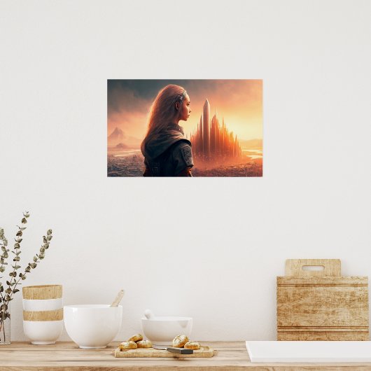 未来の都市の夕日 ポスター (キッチン)