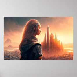 未来の都市の夕日 ポスター