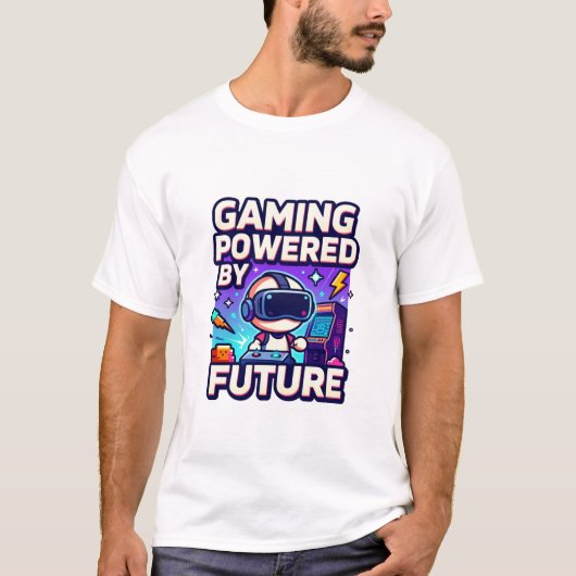 未来のVRデザインに支えられたゲーミング Tシャツ (正面)