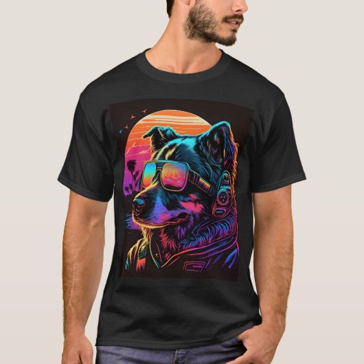 未来への樹皮： 80s Synthwave Dog Graphic Tシャツ (正面)