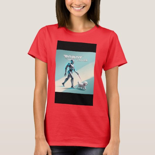 未来へ歩く：ロボットと犬のSci-Fi Tシャツ (正面)
