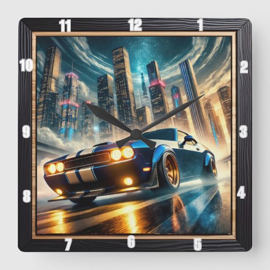 未来クラシックの街並みに対抗するマッスルカー スクエア壁時計 (正面)