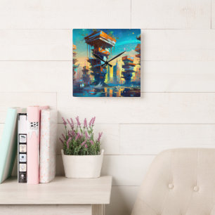 未来型ディストピア都市AIが生成絵画した スクエア壁時計