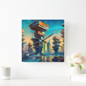 未来型ディストピア都市AIが生成絵画した スクエア壁時計 (ホーム)